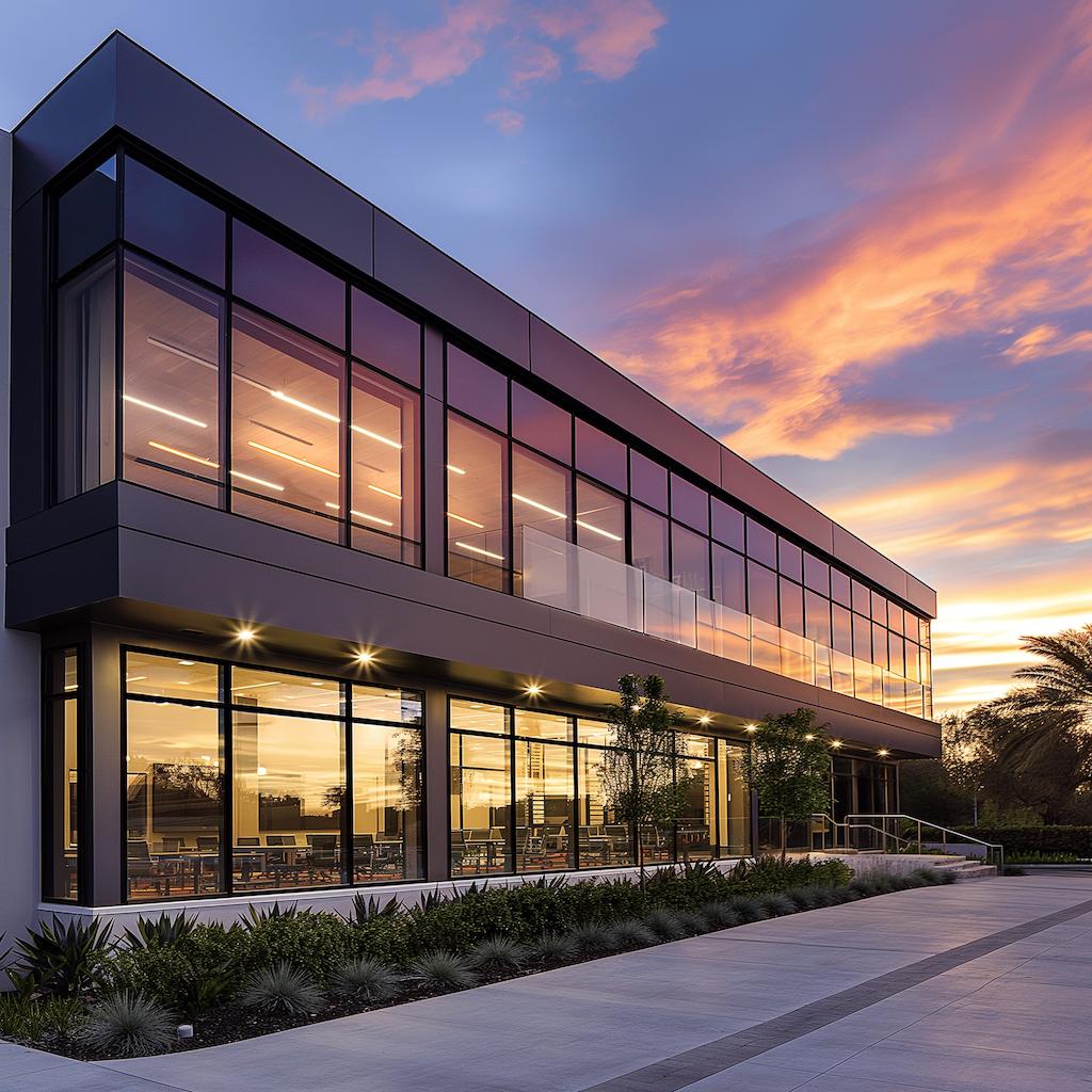 Modern office building with large windows at sunset